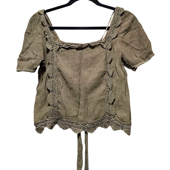 Boho Lace Trim Olive Green Linen Blend Square Neck Blouse By Mine Size G - Picture 1 of 6